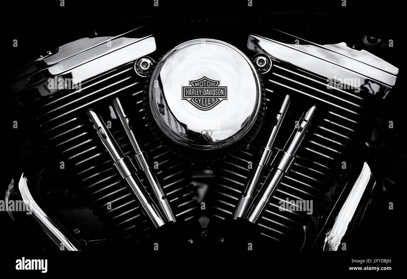 Harley Davidson Motorrad-Motor. Schwarz und Weiß Stockfoto