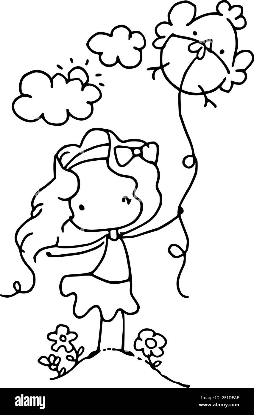 vektor Cartoon schwarz und weiß Mädchen spielen einen Drachen mit Blumen Stockfoto
