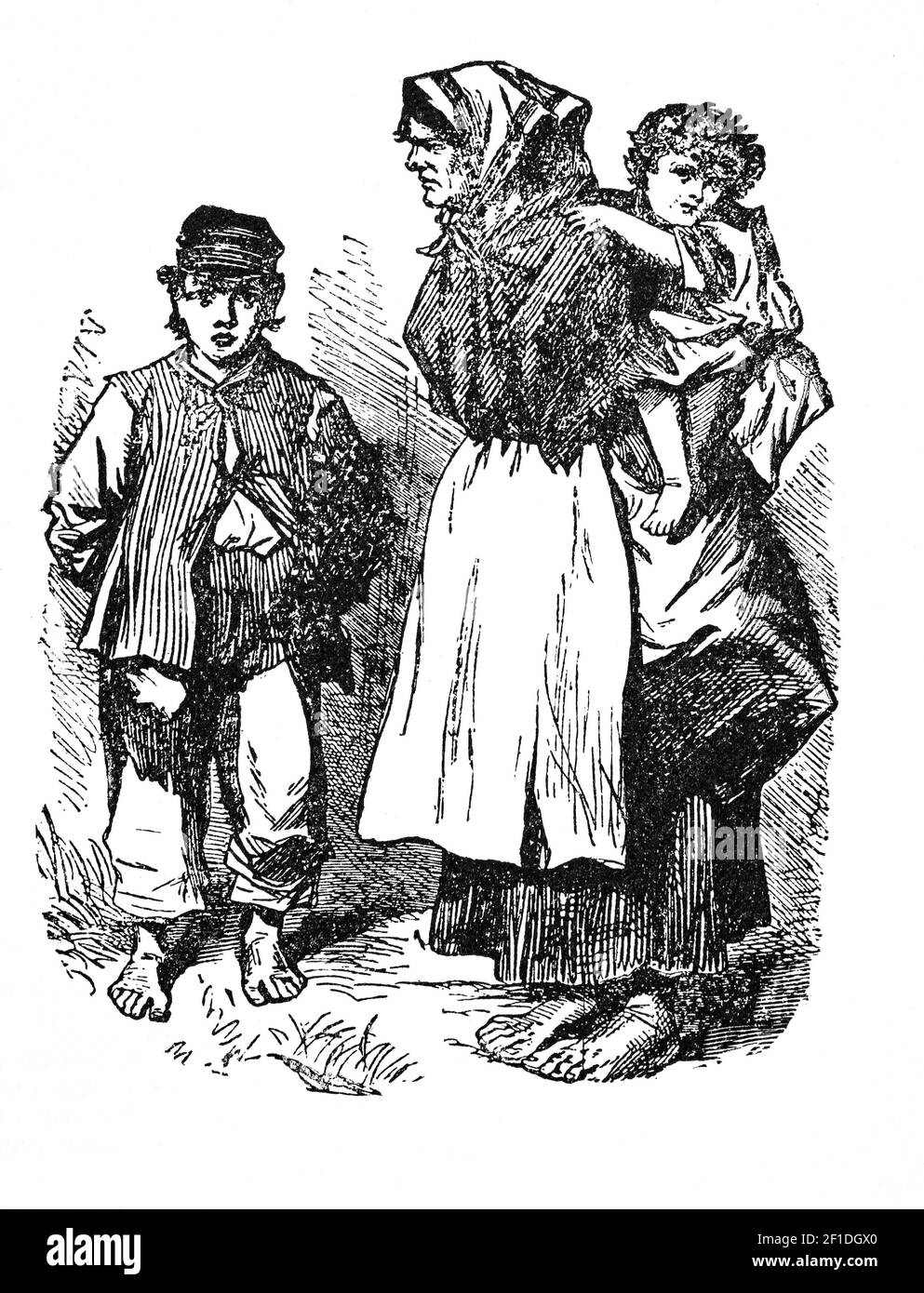 Eine Illustration/Karikatur aus dem 19th. Jahrhundert von Mutter und Kindern im Dorf Claddagh, Galway City, Irland Stockfoto