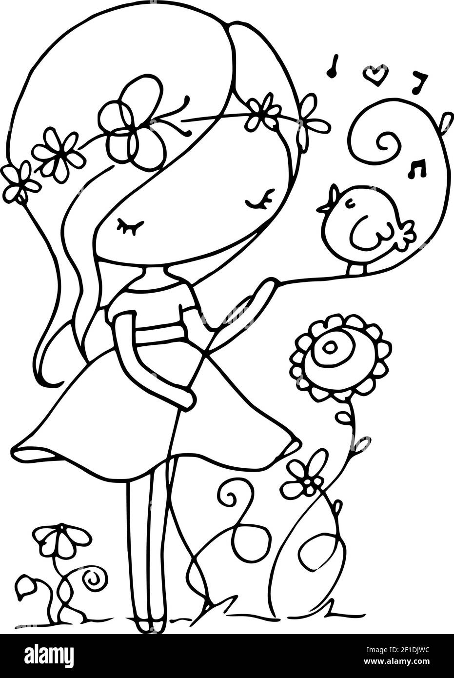 vektor Cartoon schwarz und weiß Mädchen mit Blumen und Vogel Singen Stockfoto