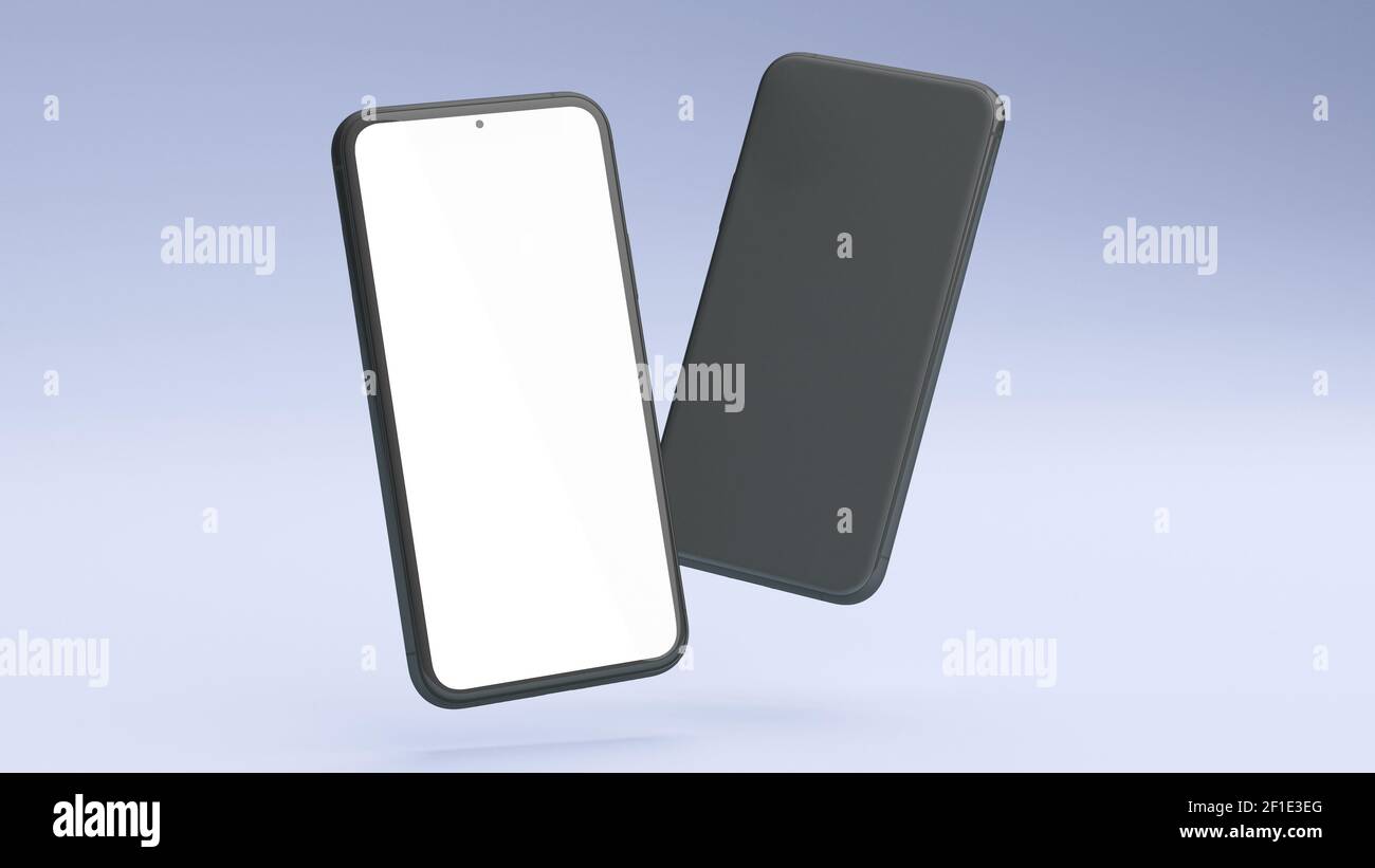 Front- und Rückseite Handy-Mockup-Bildschirm schwebend auf einem blauen Hintergrund in 3D Rendering. Realistische Vorlage von Handy-Rahmen und leere Display conce Stockfoto