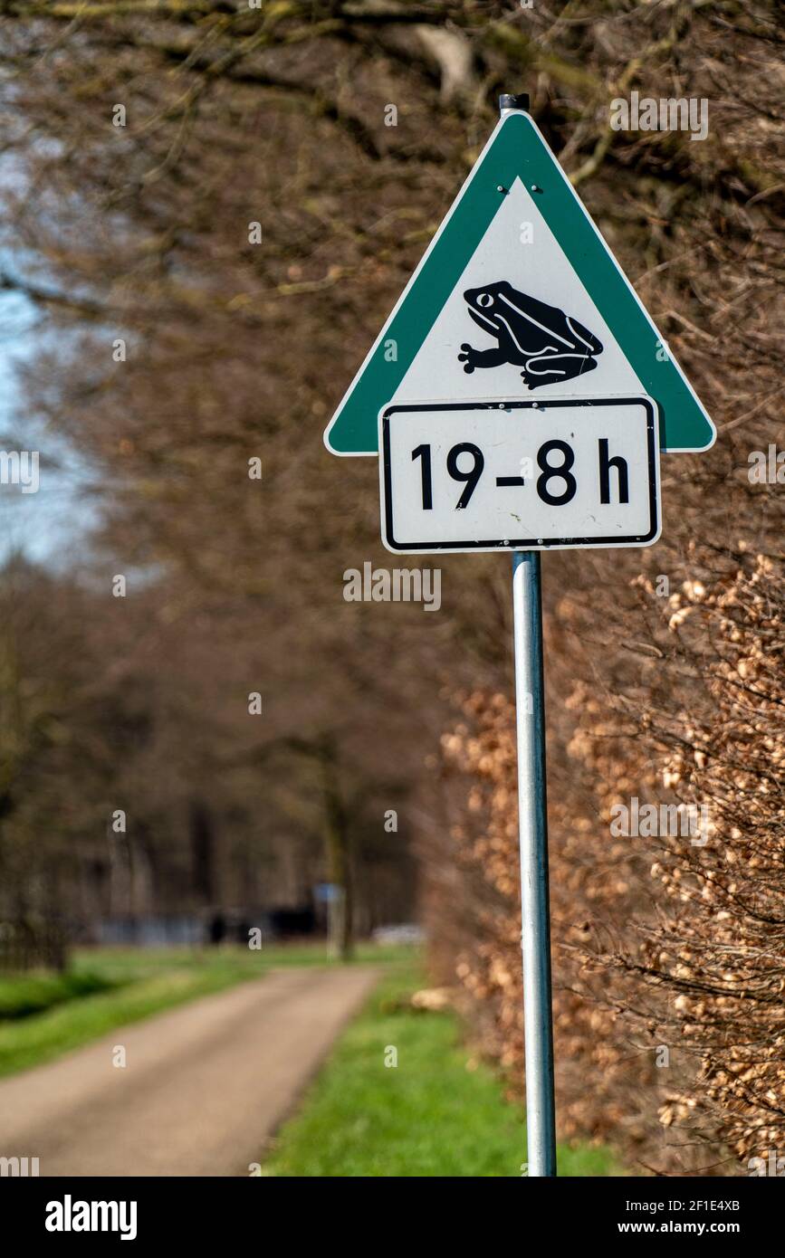 Hinweis auf Krötenwanderung, Amphibien, aber nur ab 7-8 Uhr, Schild, auf einer Landstraße bei Walbeck, Stadt Geldern, Niederrhein, NRW, Deutschland, Stockfoto