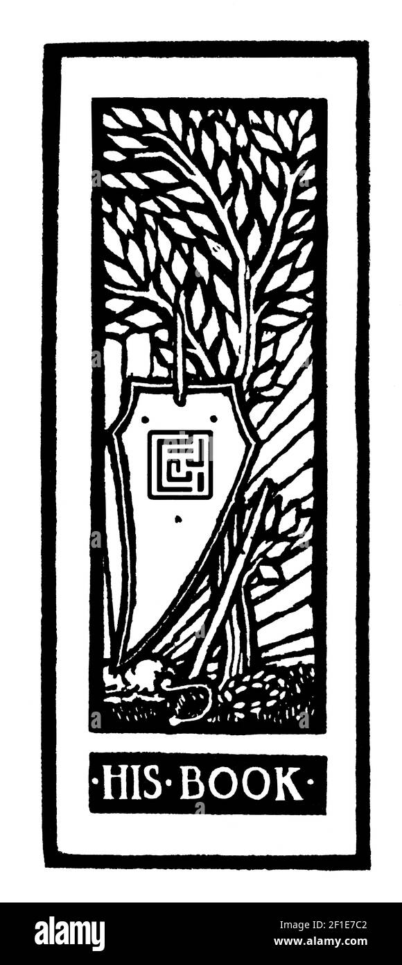 Persönliches Exlibris mit Schwert und Schild, entworfen vom schottischen Künstler, Typografen, Holzgraveur und Drucker James Guthrie Stockfoto