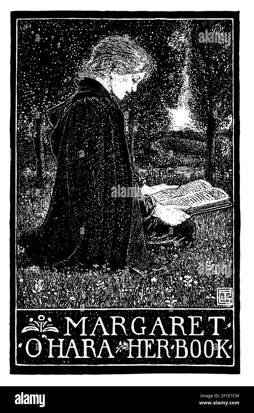 Frau kniend im Garten Lesebuchplatte für Margaret O“Hara von Schotten Künstler, Typograf, Holzgraveur und Drucker, James Guthrie Stockfoto