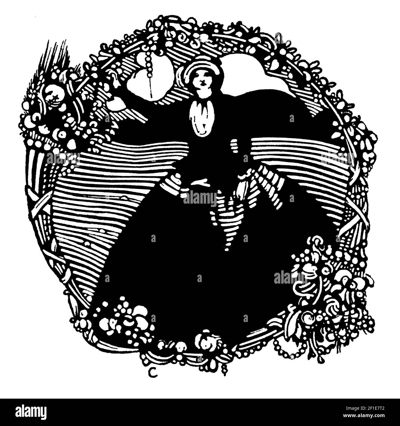 Kreisförmiges unbenanntes Exlibris, Frau im großen gestreiften Kleid in linearer Landschaft, entworfen von Edward Gordon Craig Stockfoto