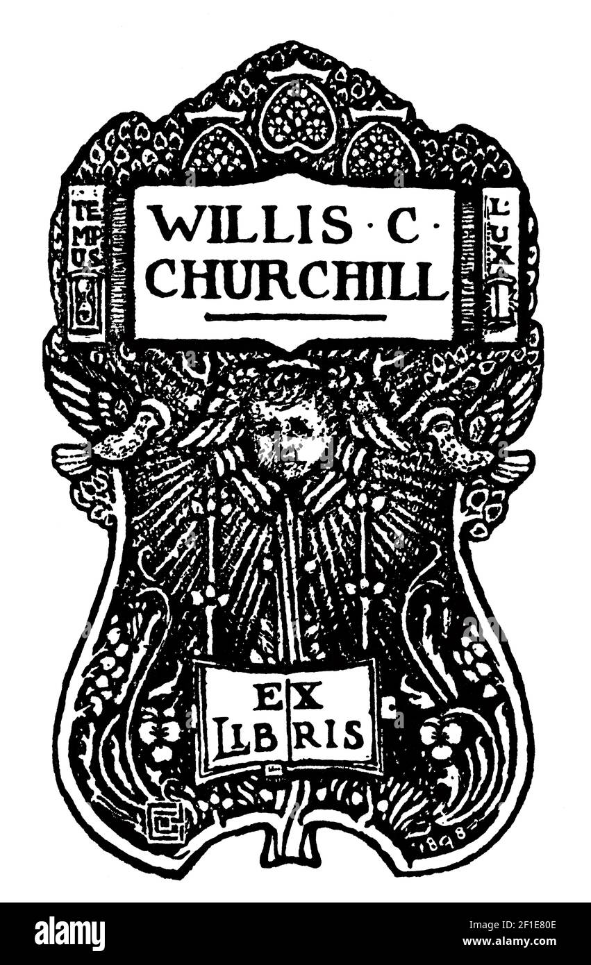 1898 Willis C Churchill Tempus Lux Exlibris mit Bordüre gestaltet von James Guthrie, dem schottischen Künstler, Typografen, Holzstecher und Drucker Stockfoto