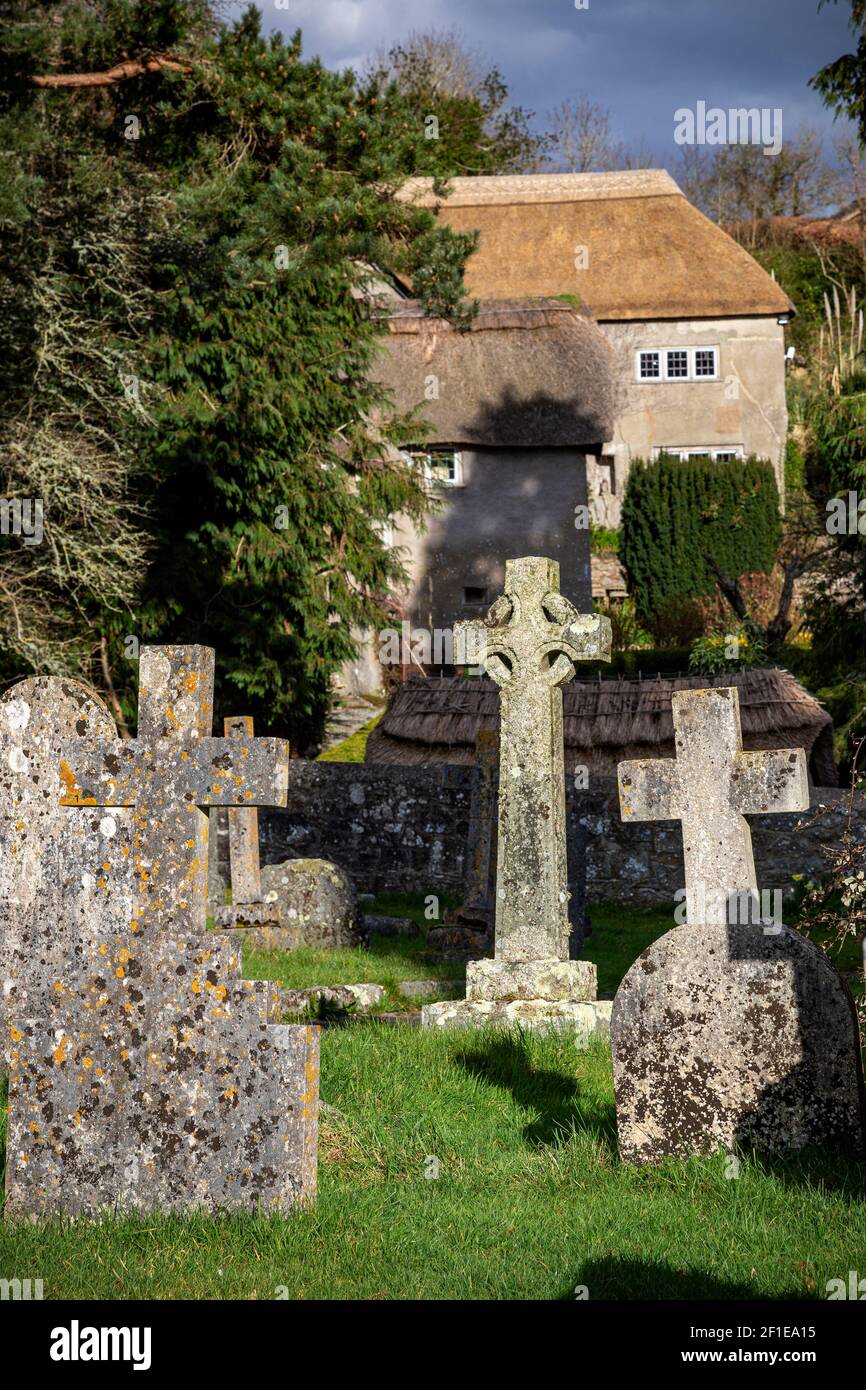 Dartmoor Friedhof,Dunsford,Friedhof,Gemeinde, Geschichte, alt, Hintergründe, Keltisches Kreuz, Keltischer Stil, Christentum, Kirche, Tot, Tod, Europa, Stockfoto