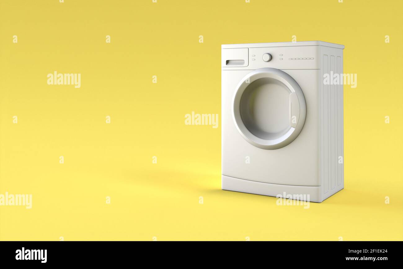 Graue Waschmaschine auf gelbem Hintergrund. 3D Render. Niemand in der Nähe. Stockfoto