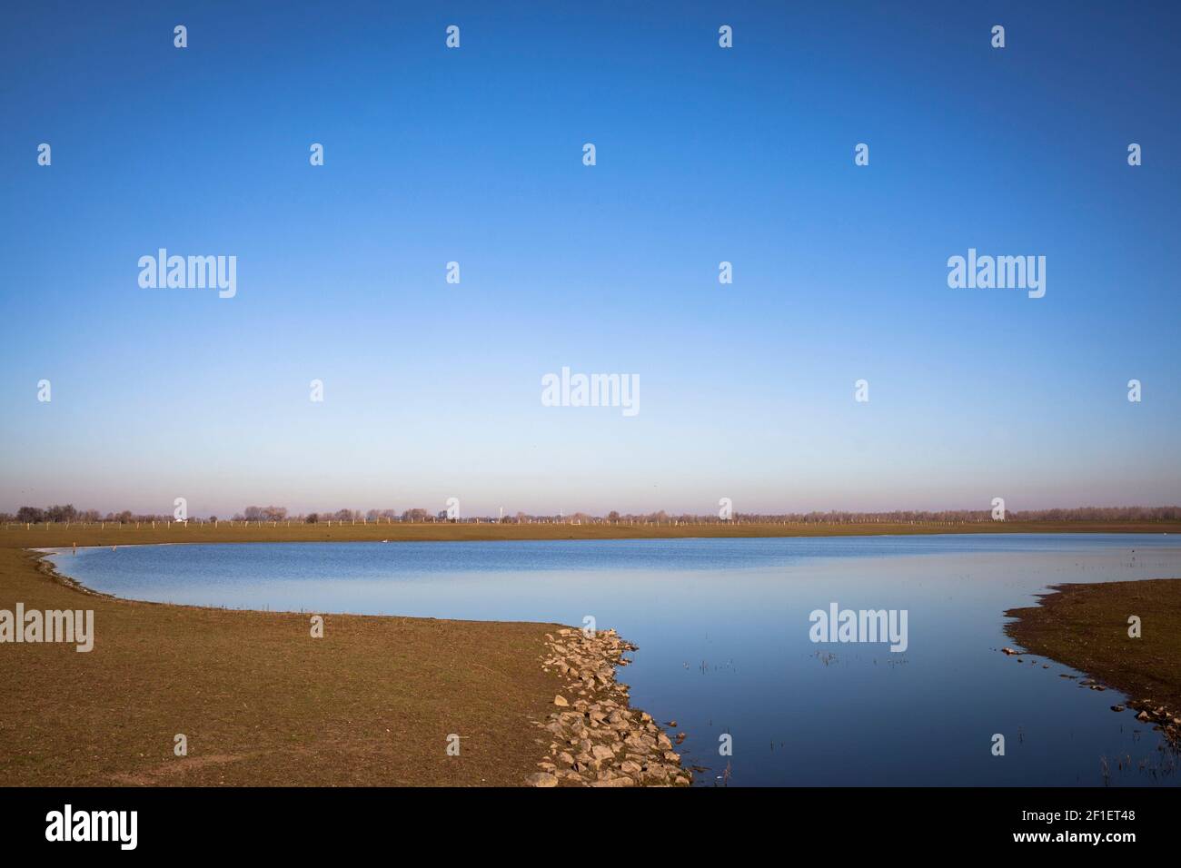 Überflutete Wiesen im Naturschutzgebiet Bislicher Insel am Niederrhein bei Xanten, Auenlandschaft, alter Rheinarm, Nordrhein-Westp Stockfoto