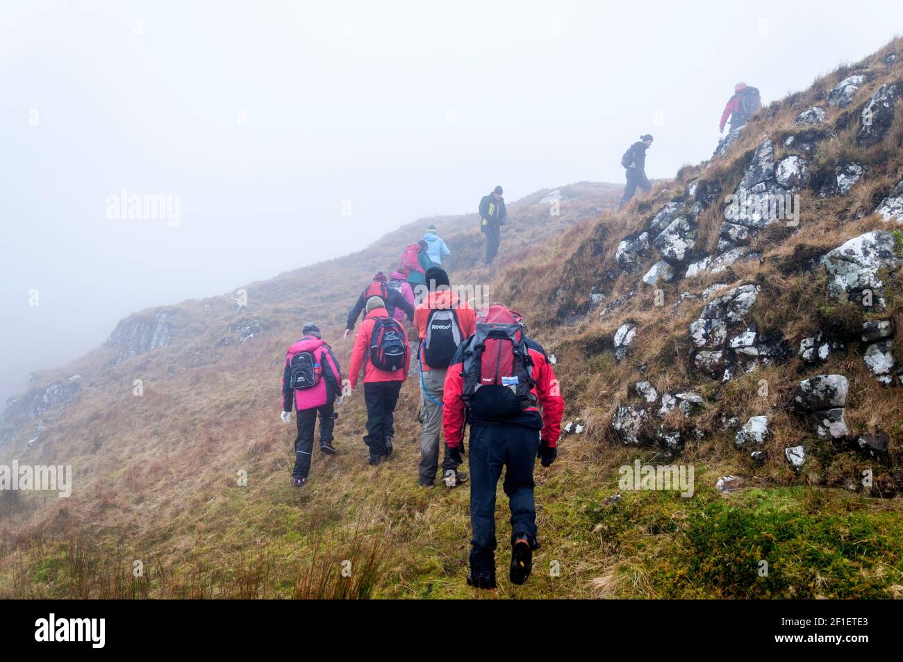 Bergwanderer wandern bei nebligen Wetter, Ardara, County Donegal, Irland Stockfoto