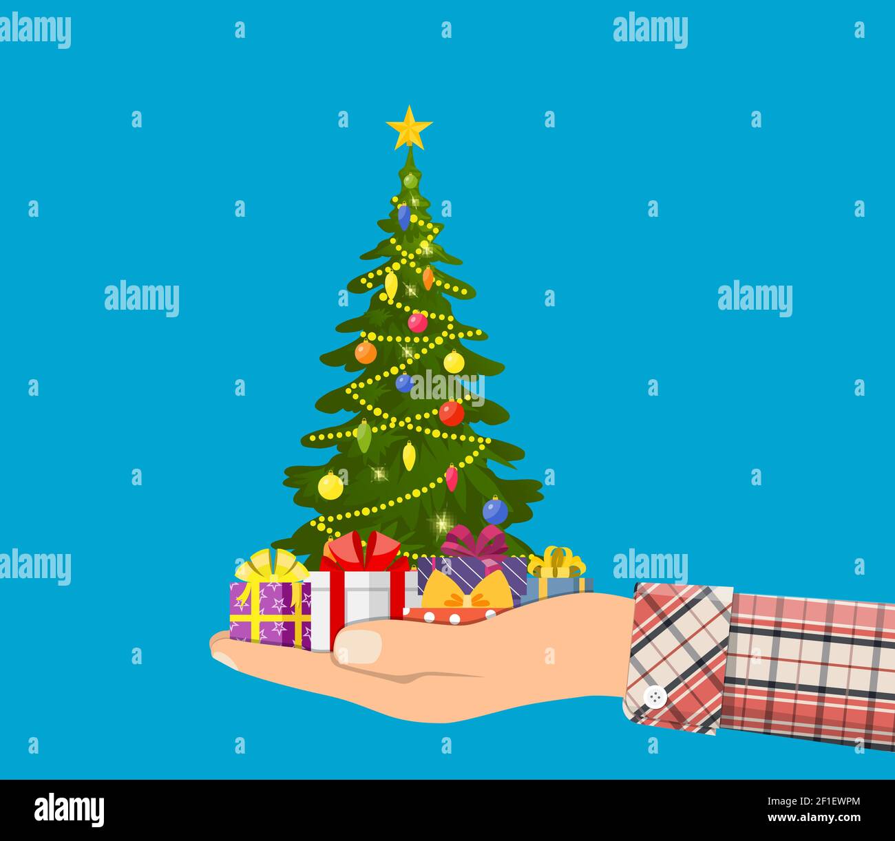 Weihnachtsbaum mit bunten Kugeln geschmückt, Stock Vektor