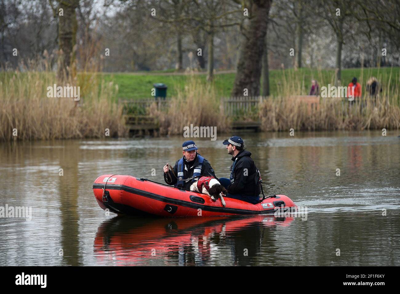 Die Polizei in einem Boot mit einem Sniffer-Hund sucht Mount Pond auf Clapham Common nach der vermissten Frau Sarah Everard, 33, die am Mittwochabend um 9pm Uhr das Haus eines Freundes in Clapham im Süden Londons verließ und nach Brixton zurückging. Bilddatum: Montag, 8. März 2021. Stockfoto
