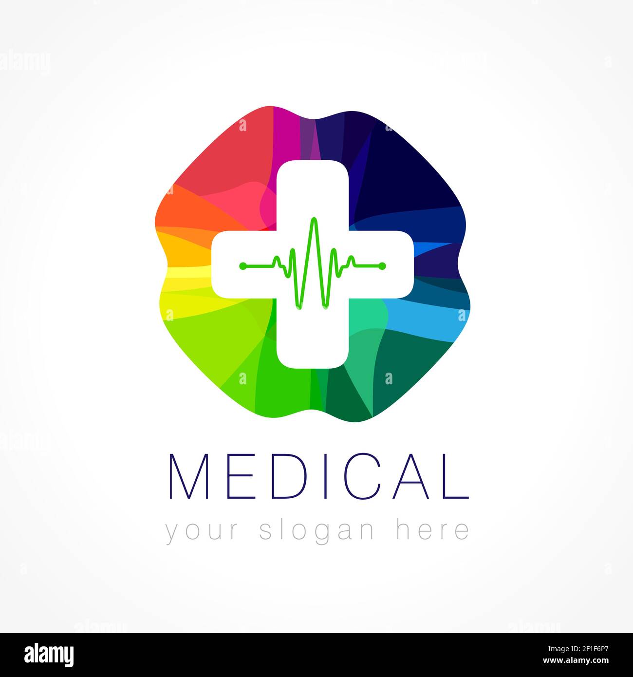 Farbiges Logo für medizinische Zwecke. Apotheke Buntglas plus Kreuz in einer weichen Form. Herztests. Tests, Pharmazie, Chemiker-Zeichen. Herz-Kreislauf-System Stock Vektor