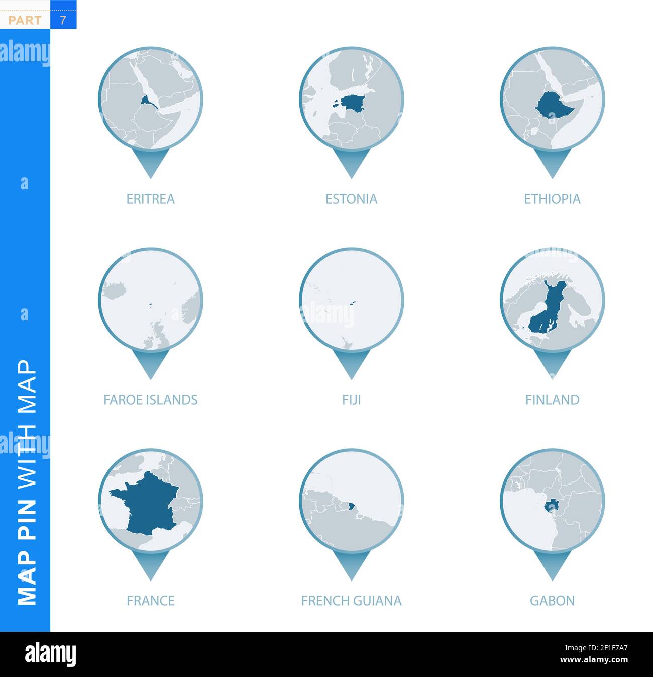 Sammlung von Kartenstecknadeln mit detaillierter Karte und Nachbarländern, 9 Kartenstecknadeln von Eritrea, Estland, Äthiopien, Falklandinseln, Fidschi, Finnland, Frankreich, Stock Vektor