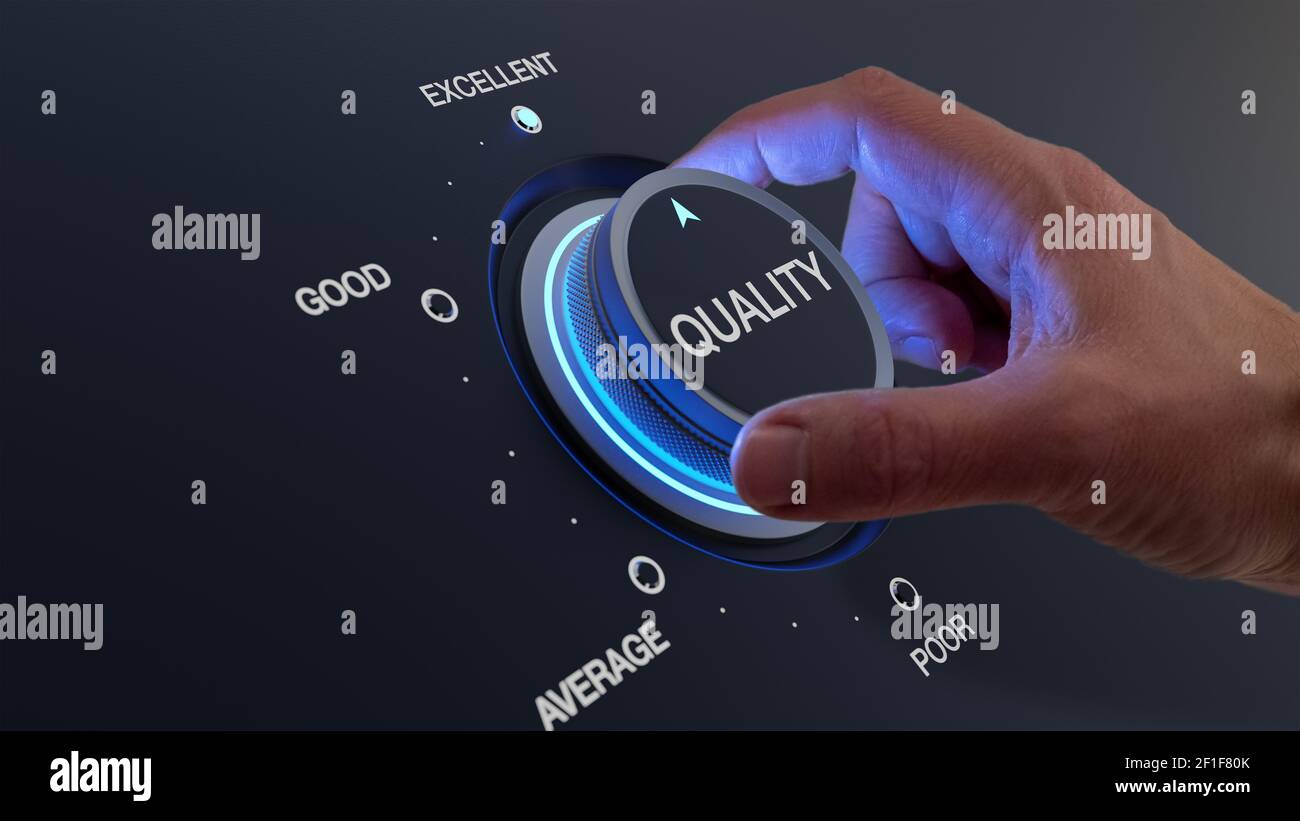 Auswahl hervorragender Qualität zur Steigerung der Kundenzufriedenheit. Qualitätssicherung und -Kontrolle für Produkte oder Dienstleistungen. Konzept mit QS-Mana Stockfoto