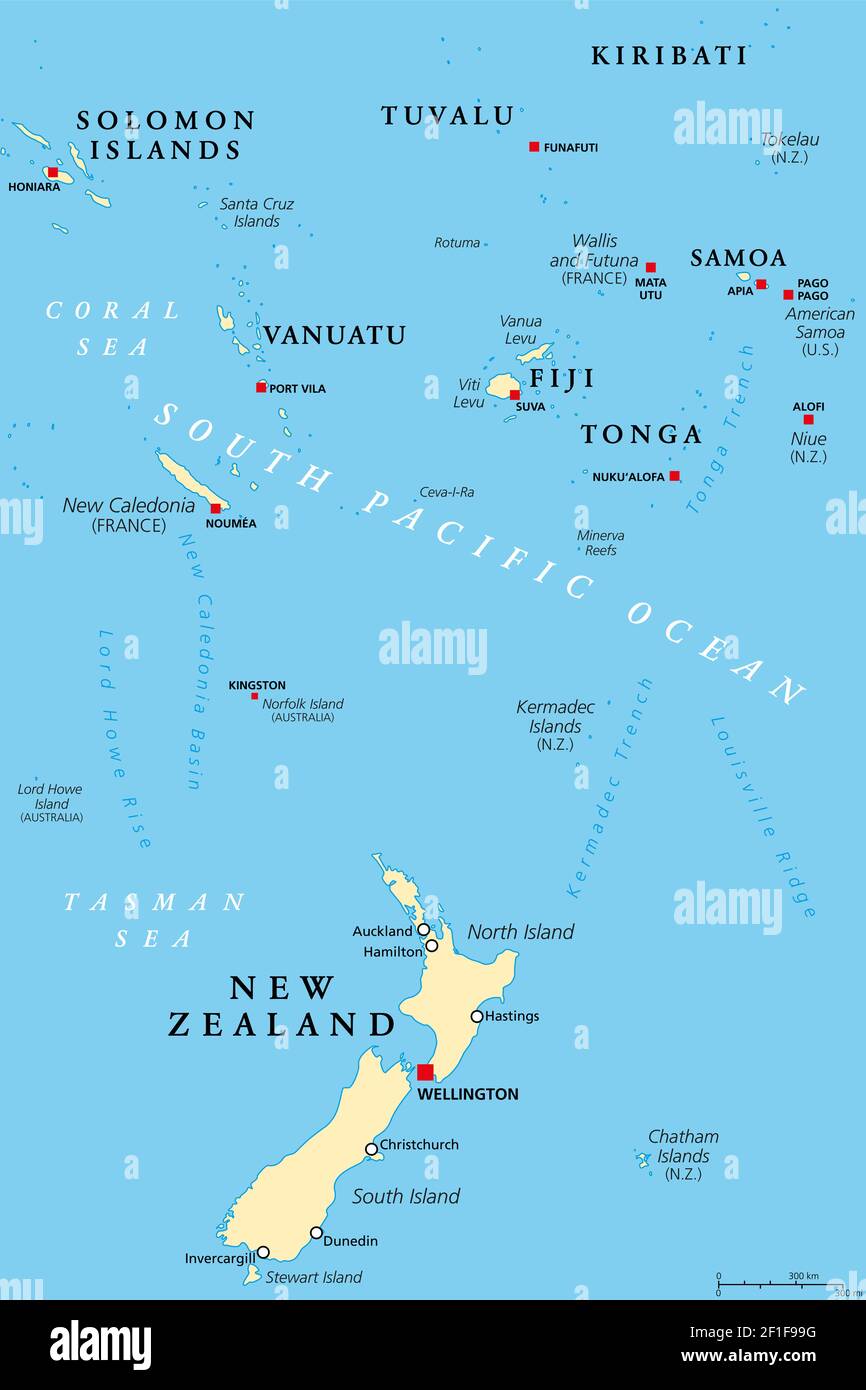 Neuseeland und Süd-Polynesien, politische Landkarte mit Hauptstädten. Salomonen, Vanuatu, Fidschi, Tonga, Samoa und Neukaledonien. Südpazifik. Stockfoto