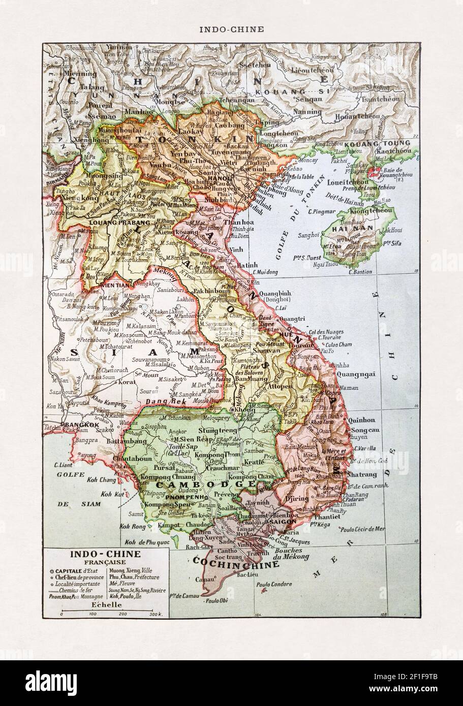 Alte Landkarte von Indochina, gedruckt im französischen Wörterbuch 'Dictionnaire complet illustré' durch den Herausgeber Larousse im Jahre 1889. Stockfoto