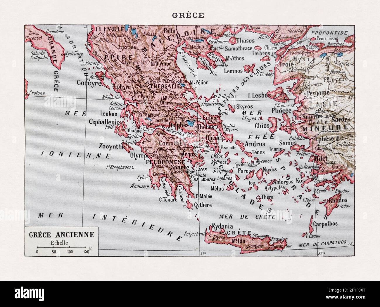 Alte Karte des antiken Griechenlands, gedruckt im französischen Wörterbuch 'Dictionnaire complet illustré' des Herausgebers Larousse im Jahre 1889. Stockfoto