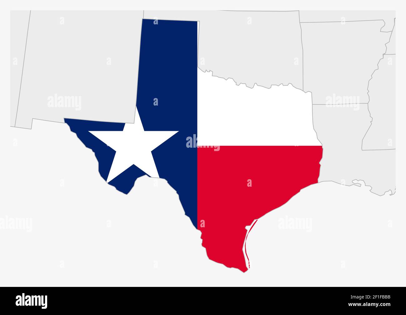 US-Bundesstaat Texas Karte hervorgehoben in Texas Flaggen Farben, graue Karte mit benachbarten usa Staaten. Stock Vektor
