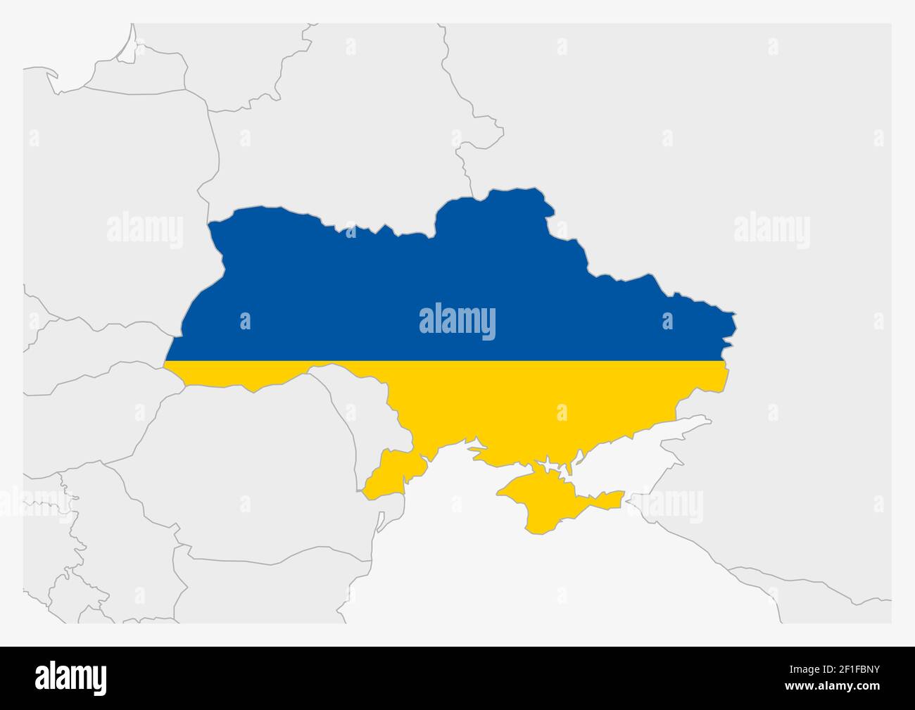 Ukraine Karte in Ukraine Flaggenfarben hervorgehoben, graue Karte mit Nachbarländern. Stock Vektor