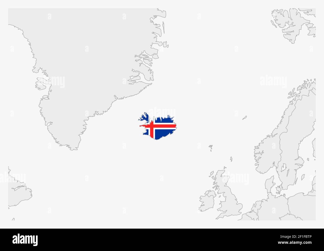 Island-Karte in Island-Flaggenfarben hervorgehoben, graue Karte mit Nachbarländern. Stock Vektor