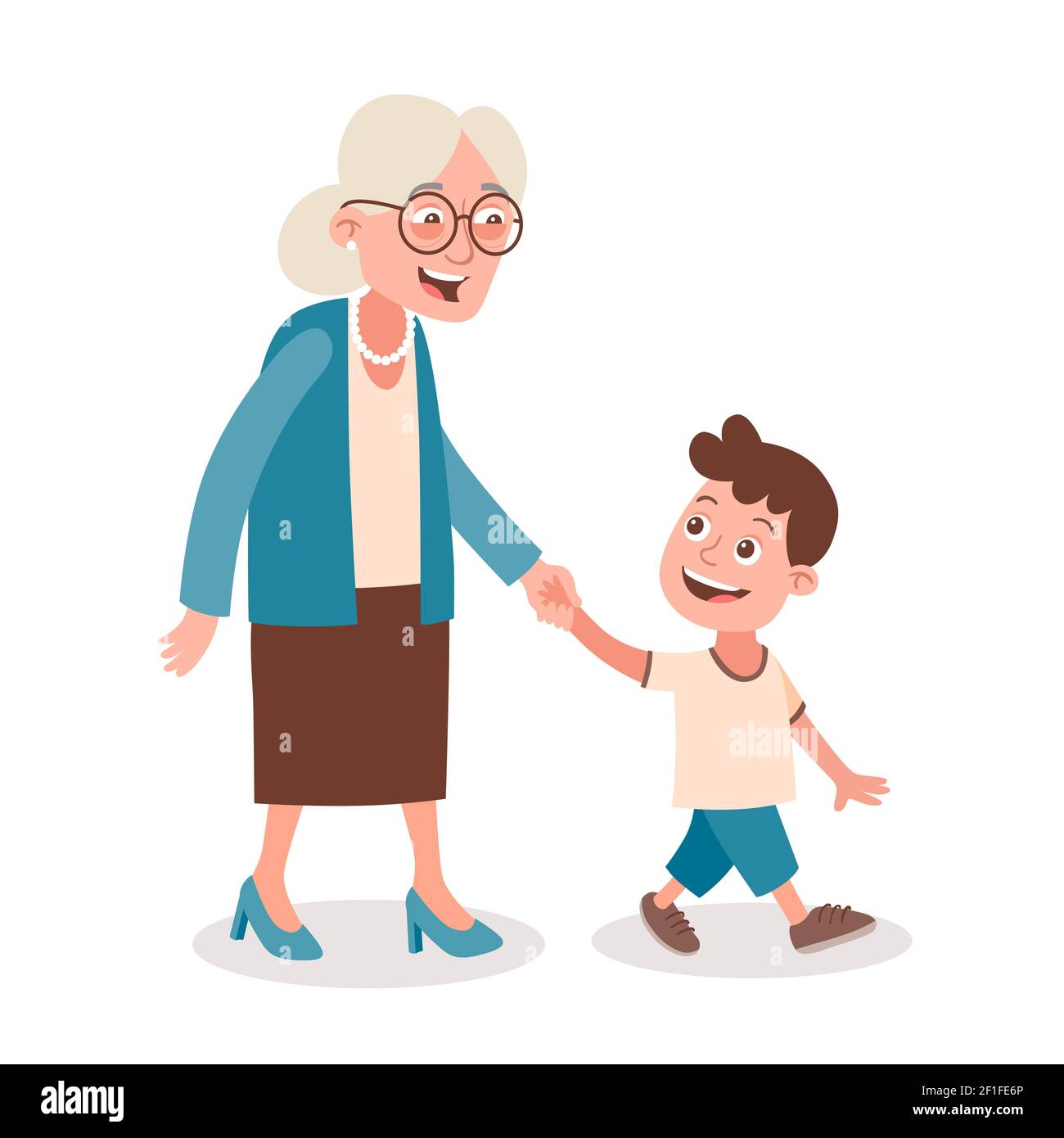 Großmutter und Enkel, die gehen und sprechen, nehmen ihn bei der Hand. Cartoon-Stil, isoliert auf weißem Hintergrund. Vektorgrafik. Stock Vektor