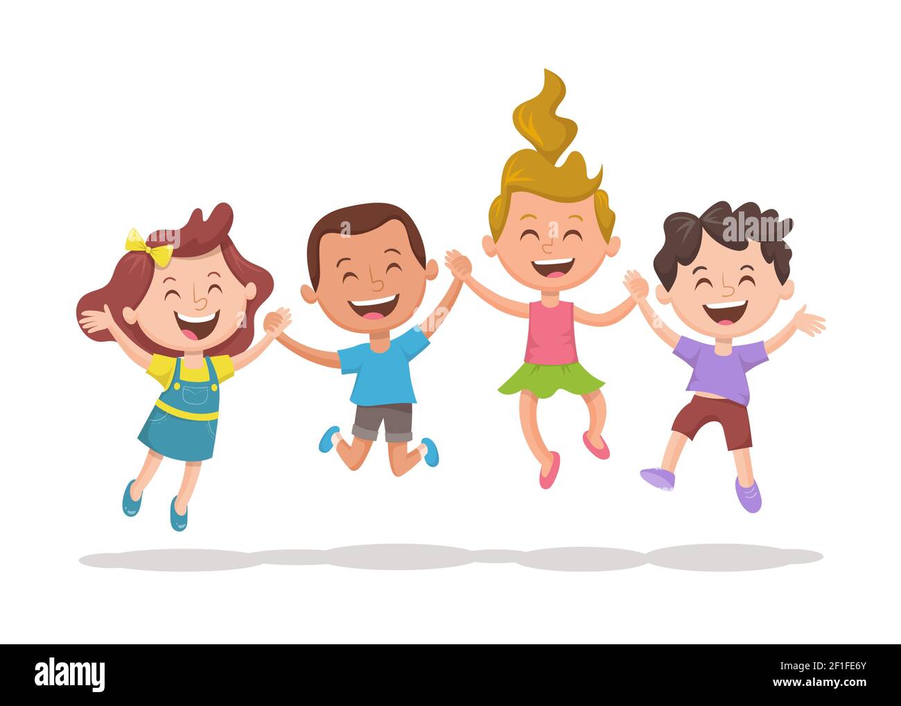 Glückliche multirassische Kinder springen und lachen. Gruppe von Kindern, die ihre Hände halten. Glück, Freundschaft und Spaßkonzept. Stock Vektor