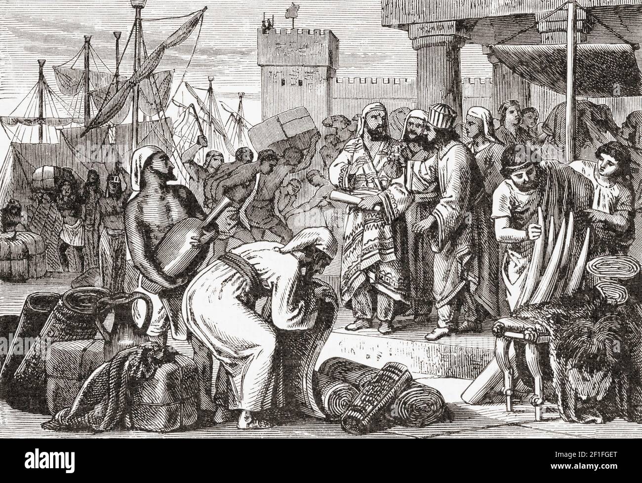 Phönizische Seeleute, die Waren und Sklaven in einem mediterranen Hafen handeln. Aus einem Druck aus den 1880er Jahren. Stockfoto
