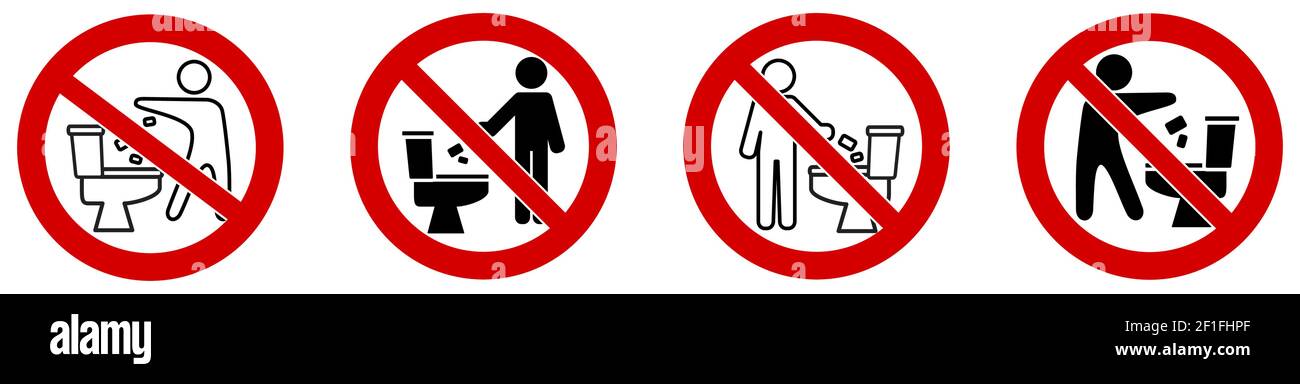 Werfen oder spülen Sie nicht Müll in die Toilette Symbol. Einfache Mann Silhouette werfen Sachen in Schüssel, rot gekreuzten Kreis um Stock Vektor