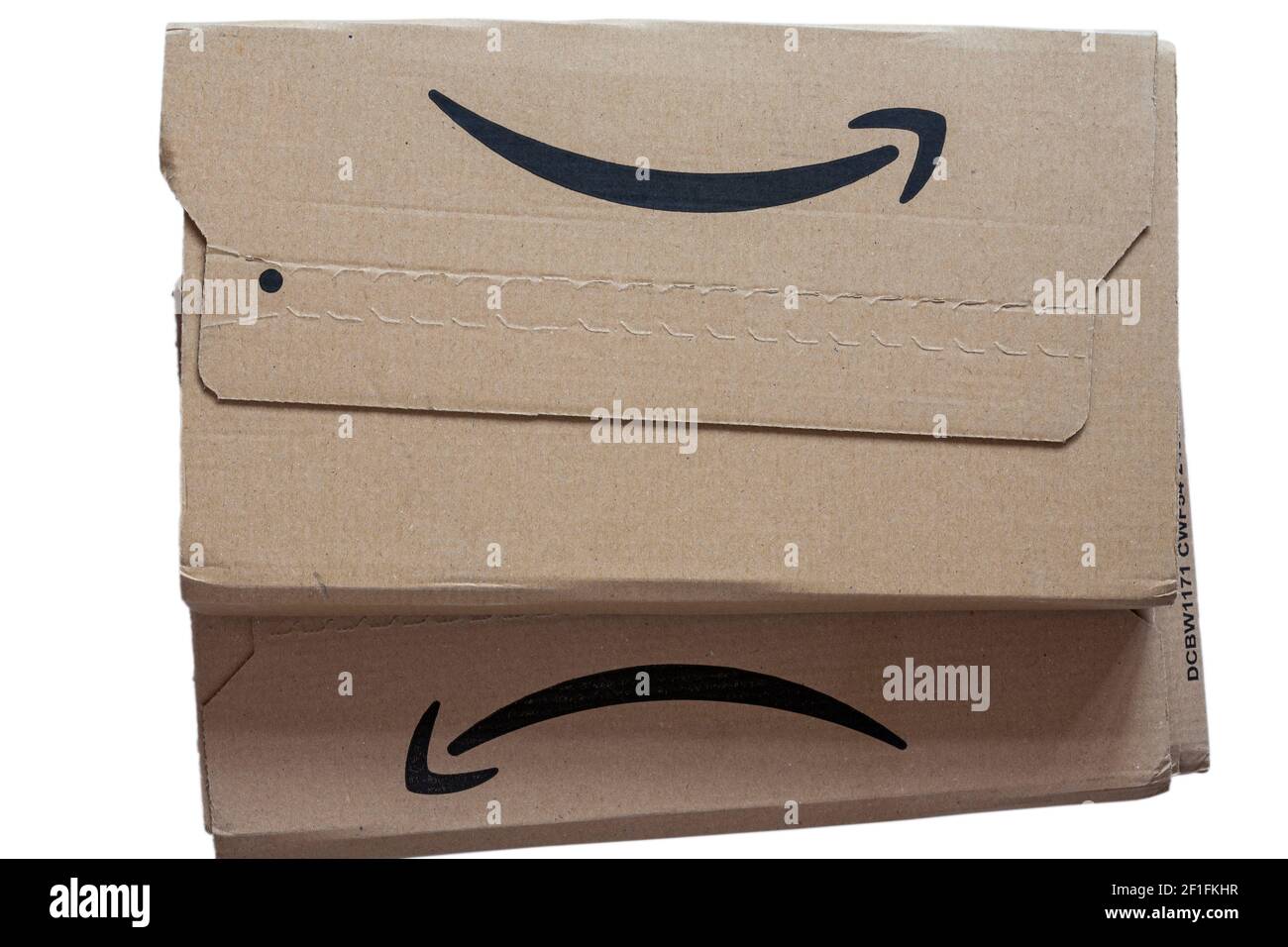 Amazon Pakete mit Logo auf – Amazon Firmenlogo Lächeln Stockfoto