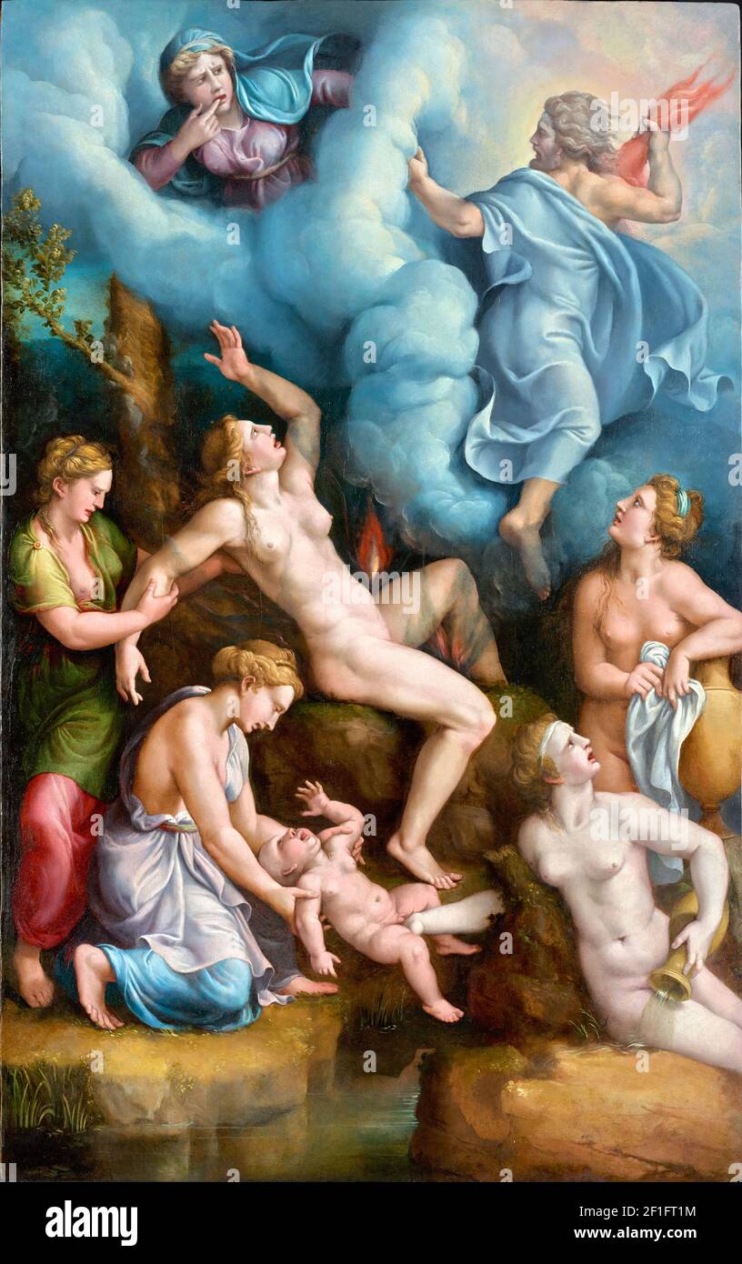 Giulio Romano. Gemälde mit dem Titel "die Geburt des Bacchus" von dem italienischen Maler und Architekten Giulio Romano (Giulio Pippi, c. 1499-1546), Öl auf Platte, c. 1530 Stockfoto