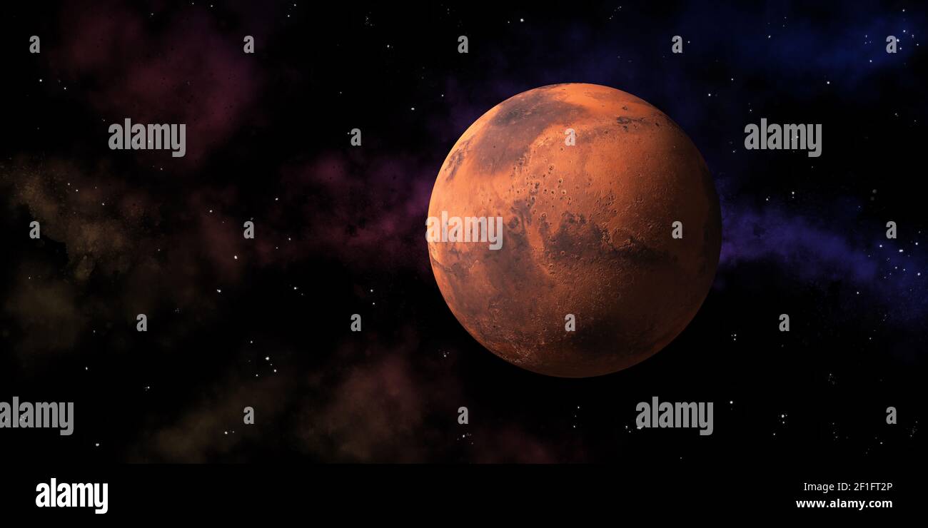 Mars, der rote Planet des Sonnensystems im bunten und sternenklaren Himmel. 3D Komposition mit Kopierbereich rendern Stockfoto