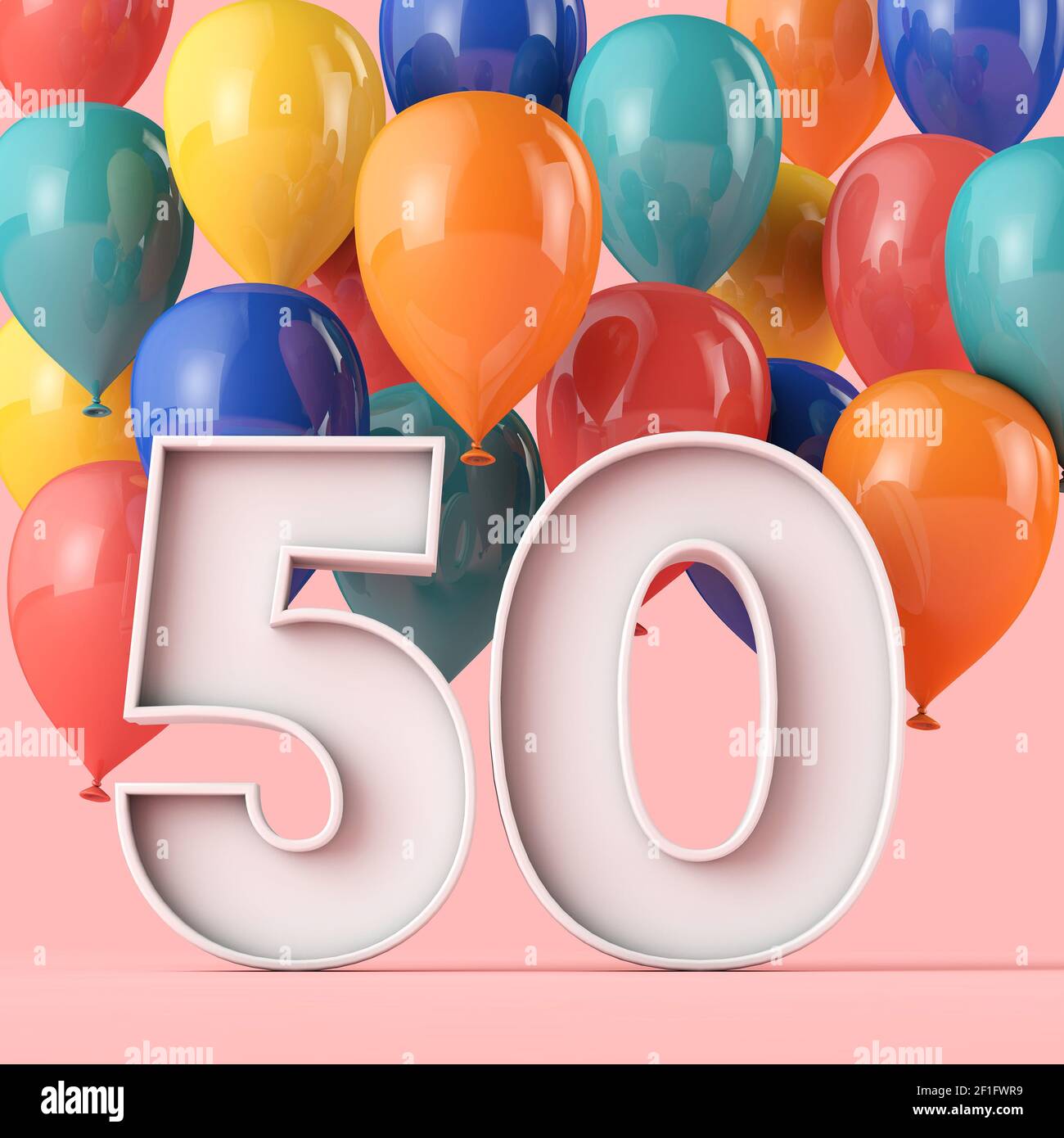 Happy 50th Geburtstag Hintergrund mit bunten Ballons. 3D Rendering Stockfoto