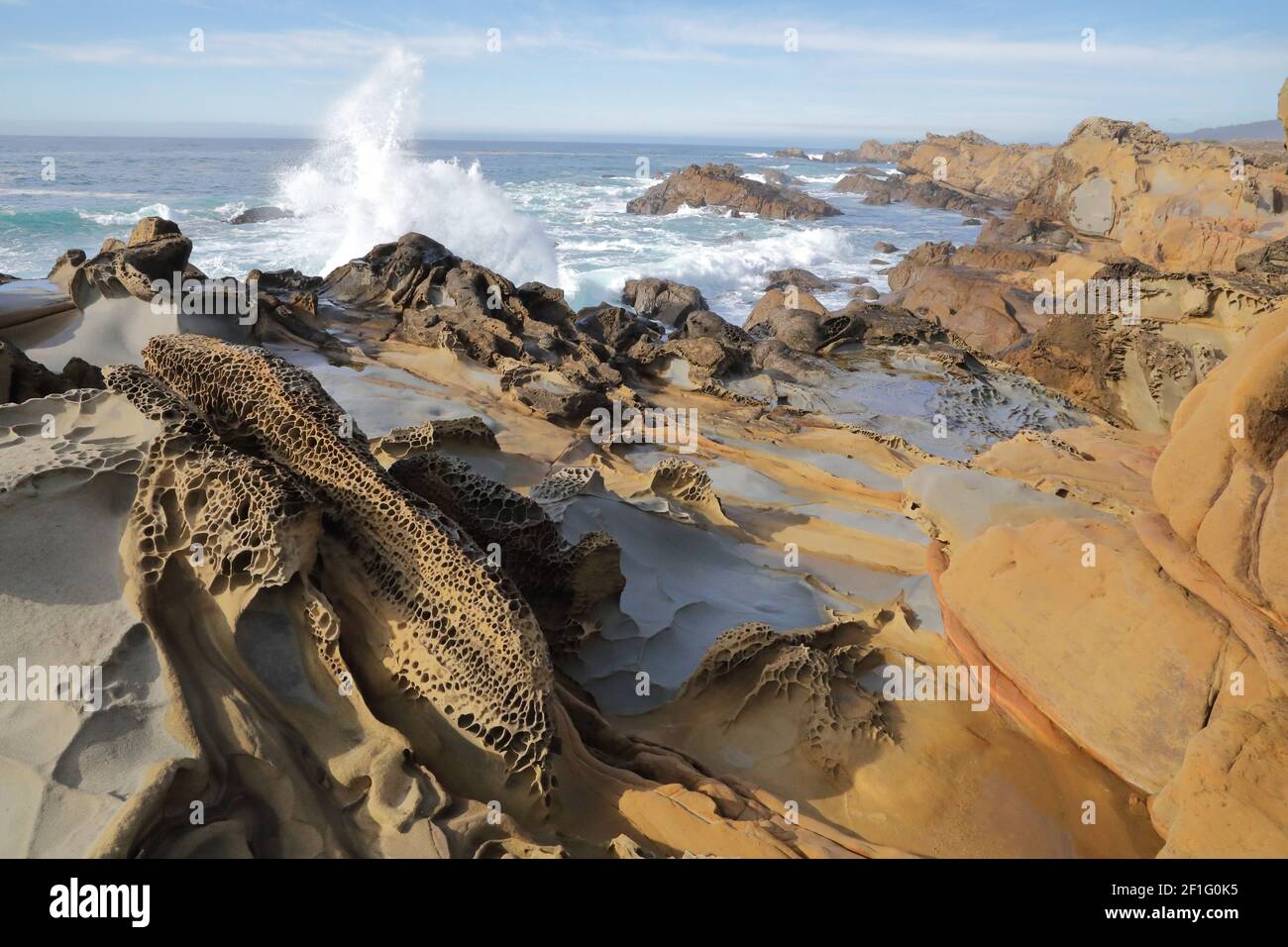 Tafoni mit Wild Surf, Salt Point State Park, Sonoma County, Kalifornien Stockfoto