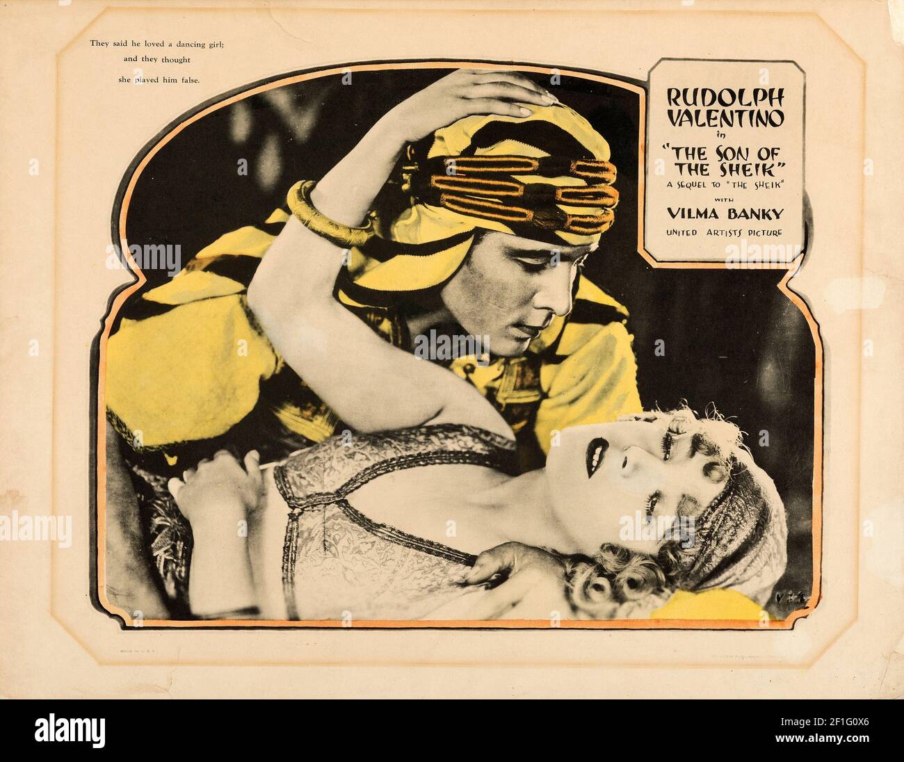 Rudolph Valentino im Sohn des Scheich. Klassisches Filmplakat, alt und vintage. 1926. Stockfoto