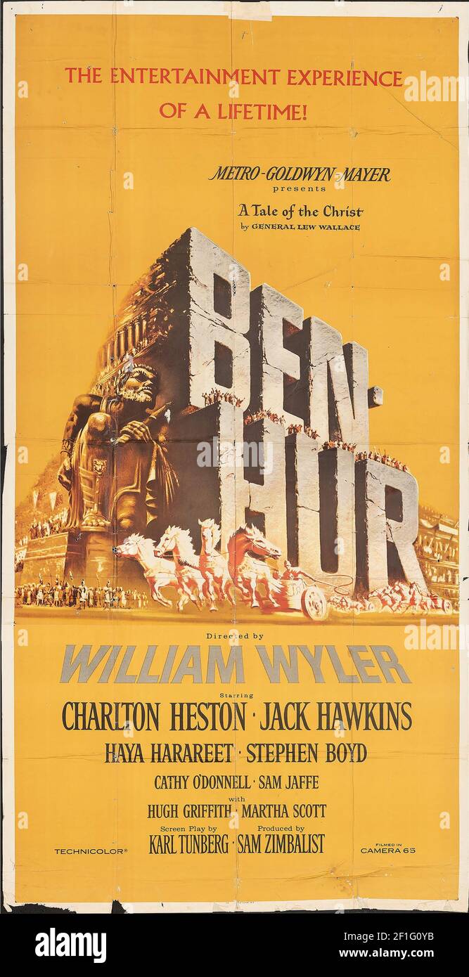 Ben Hur, feat. Wiliam Wyler, Charlton Heston und Jack Hawkins. Klassisches Filmplakat, alt und vintage. 1959. Stockfoto
