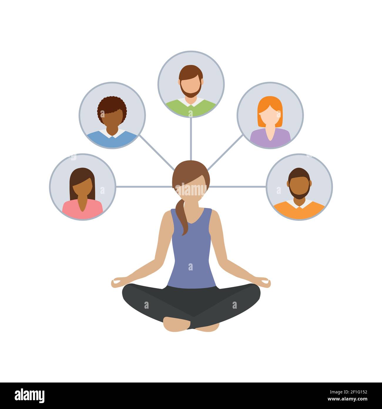 Mädchen in Yoga-Pose Denken Sie an soziale Netzwerk Kontakte Vektor Abbildung EPS10 Stock Vektor