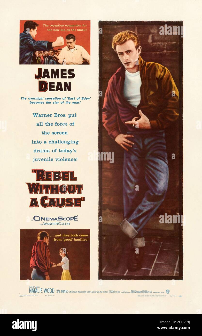 Vintage-Filmplakat: James Dean in „A Rebel Without A Cause“. Poster mit klassischem Film. 1955. Stockfoto