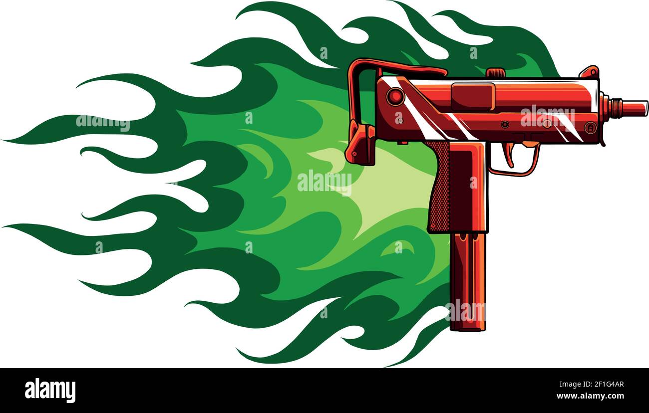 Vektor-Illustration einer Uzi-Pistole mit Flammen Stock Vektor