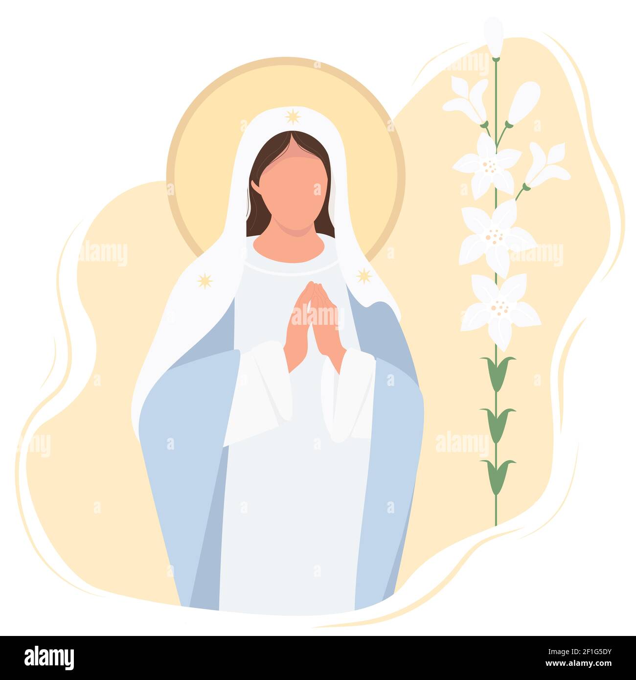 Feiertag - Verkündigung an die selige Jungfrau Maria. Mutter von Jesus Christus beten Annahme der guten Nachricht.Vektor-Illustration. Karte Maria und Lilie - groß Stock Vektor