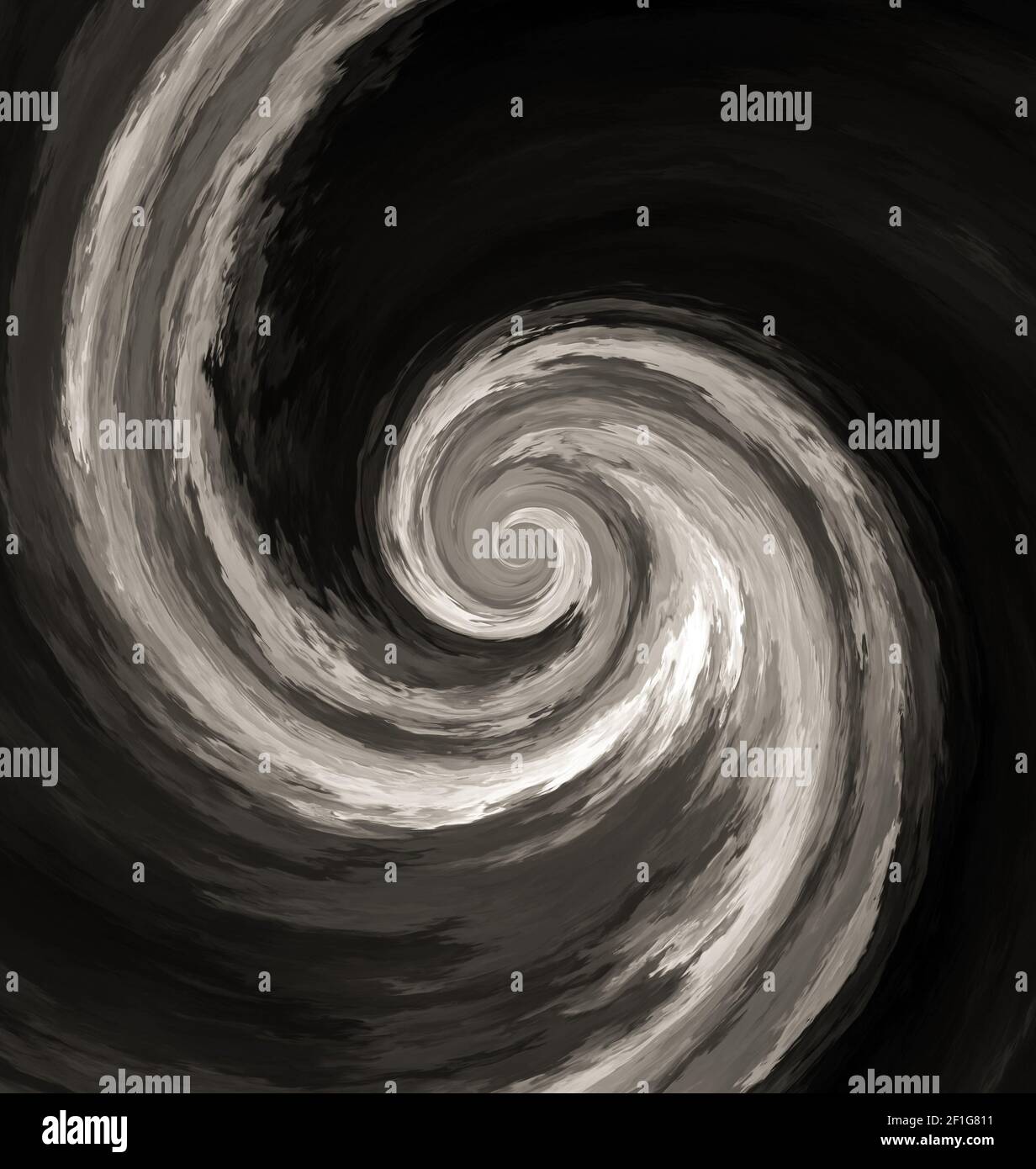 Eine abstrakt wirbelnde Spiraldarstellung in schwarz-weißen Farben Stockfoto