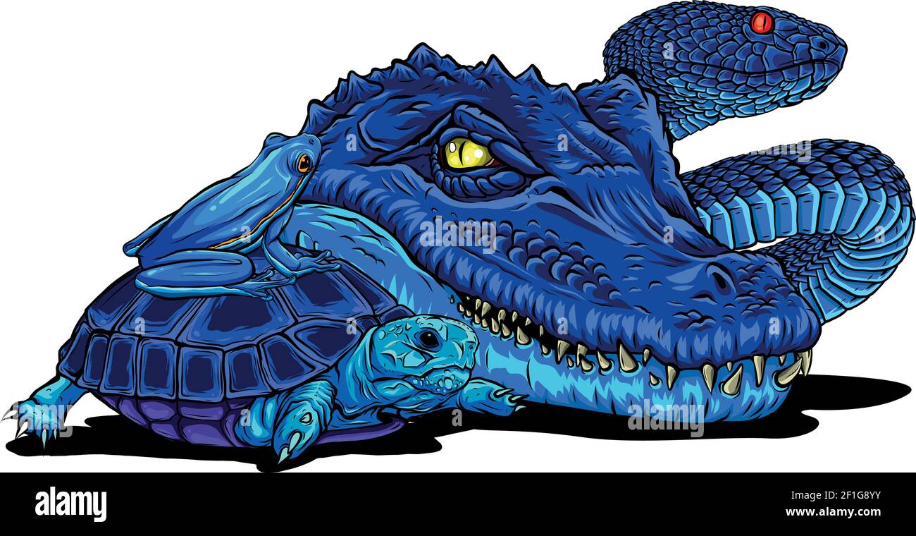 Set von Reptilien und Amphibien. Wildes Krokodil, Schlange, Schildkröte und Frosch Stock Vektor