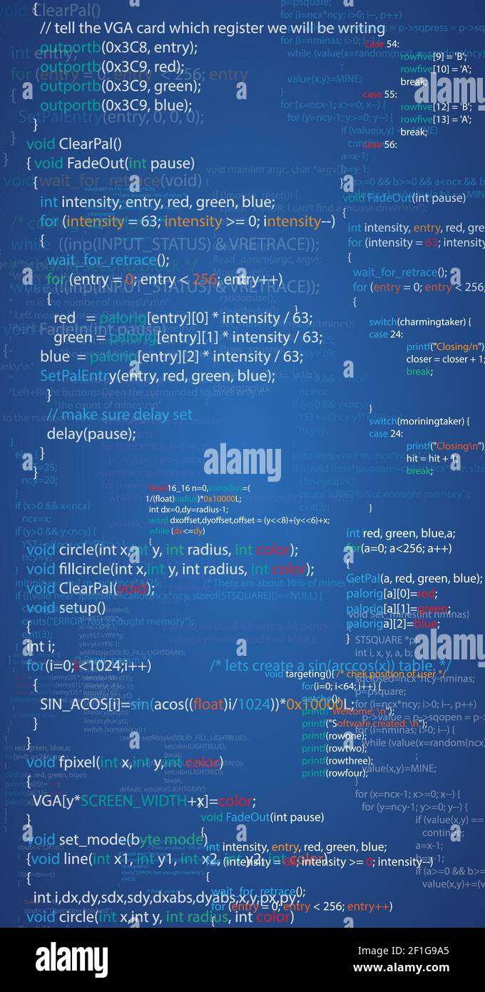 Blauer abstrakter Programmiercode-Bildschirm, vertikales Layout. Verschiedene Teile von Algorithmen Stock Vektor