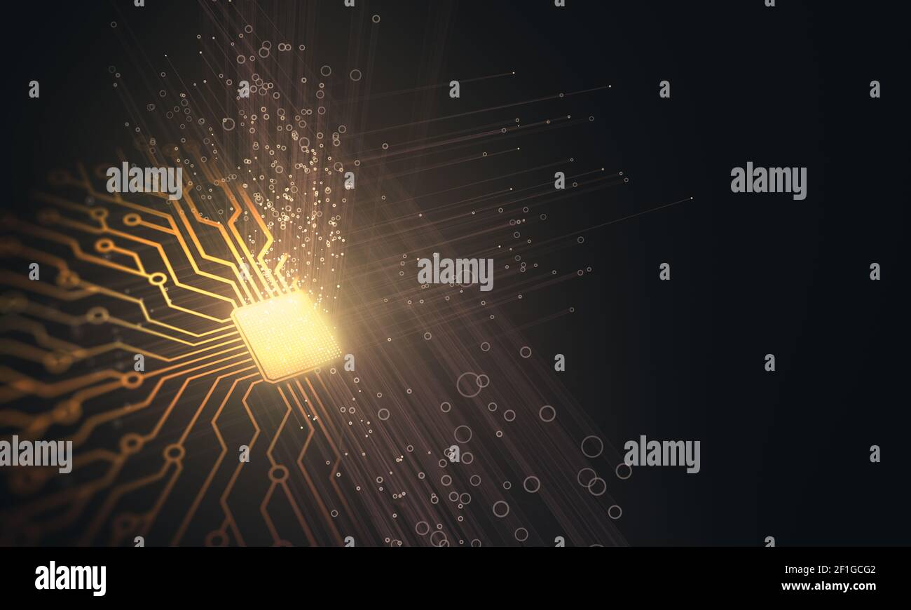 Künstliche Intelligenz. Microchip Verbindungen, elektrische Impulse und binären Codes. Stockfoto