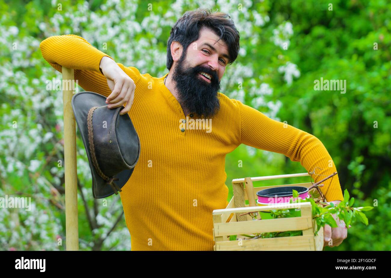 Gartenarbeit im Frühling. Gärtner Mann Vorbereitung für die Pflanzung. Bärtiger Rüde mit Gartengeräten. Stockfoto