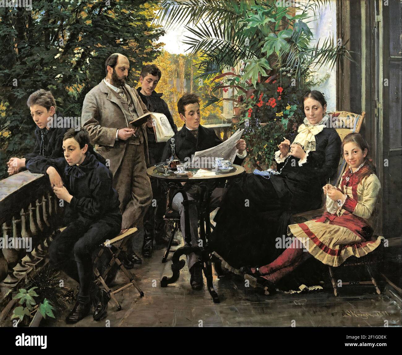 Peder Severin Krøyer - das Familienportrait Hirschsprung. Von links Ivar, Aage, Heinrich, Oscar, Robert, Pauline und Ell ... Stockfoto