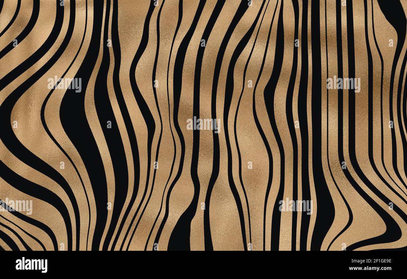 Abstrakte Zebra-Streifen, gewellt mit buntem schwarz-goldenem Muster. Safari, Tierzoo natürlichen Hintergrund. Afrikanisches Tierdesign. Horizontaler Hintergrund. Abbildung Stockfoto