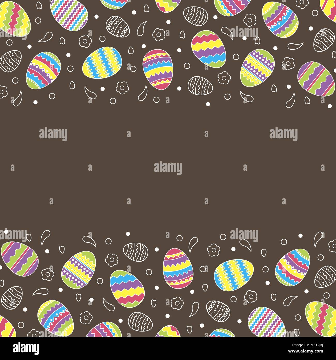 Ostereier Rahmen Muster. Bunte Eier, Blumen, Herzen, Punkte auf Schokoladenhintergrund. Dekorativer horizontaler Streifen. Candy helle Farben. Stock Vektor