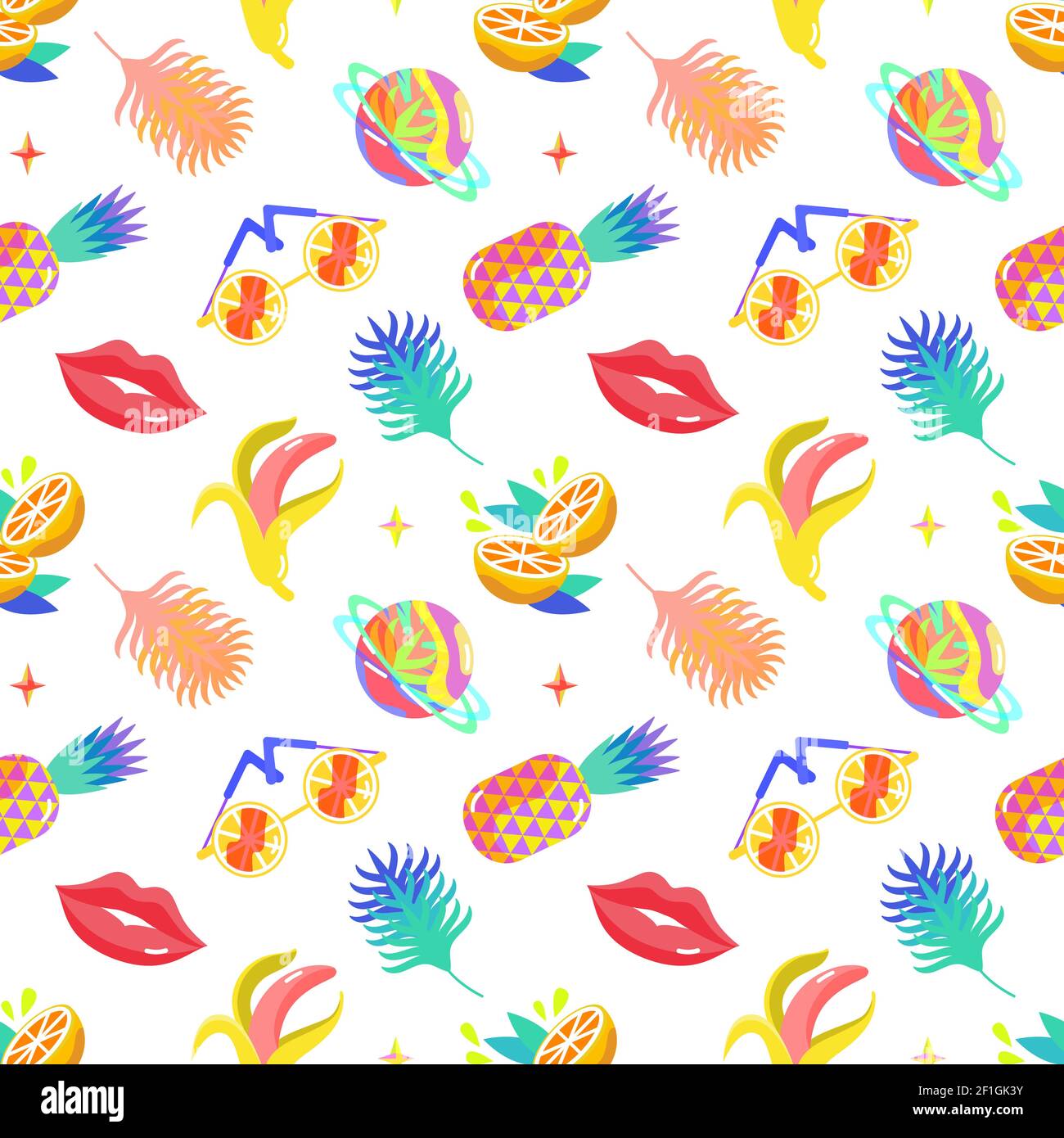 Sommermuster nahtlos mit modischen Elementen - rote Lippen, Ananas, Palmblatt, Banane, Beach Cocktail, Getränk, Sonnenbrille, Sommerplanet. Mode Stock Vektor