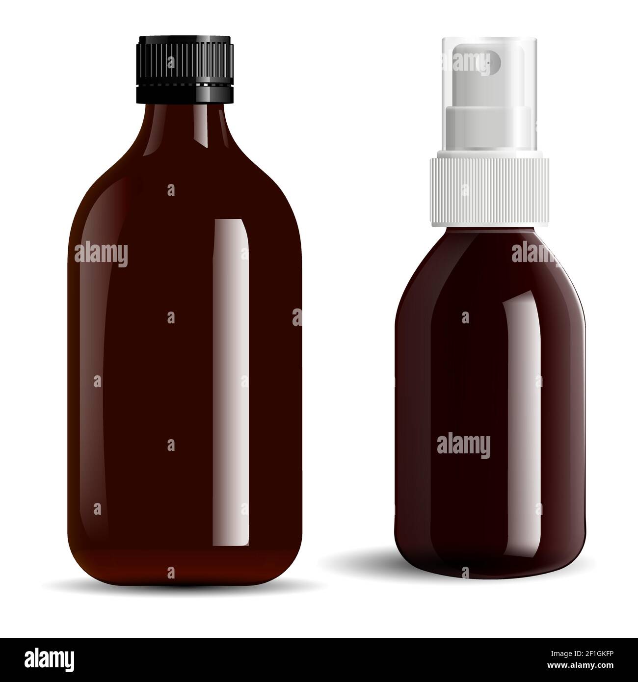 Braune Glasflasche. Amber ätherisches Öl Fläschchen Mockup. Schraubverschluss Apothekensprühflasche, pharmazeutischer Behälter. Rezept Flüssigkeit Kur Glas Konzept Stock-Vektorgrafik